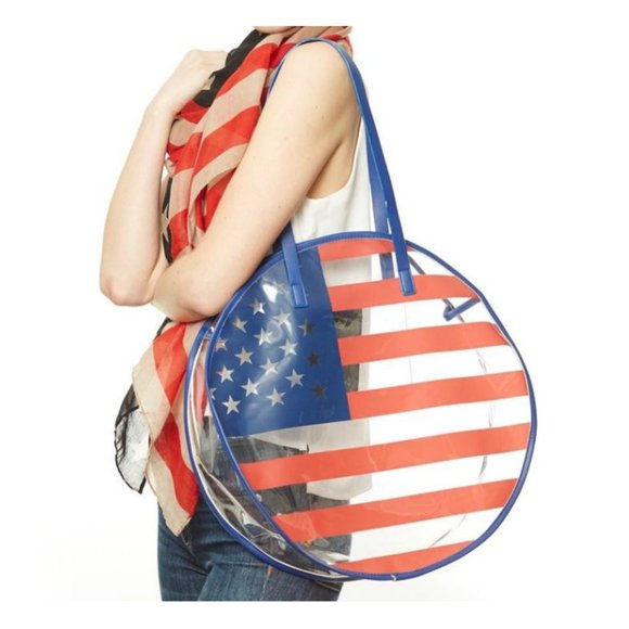 Round USA Flag Faux Leather Trim Clear Tote Bag - Picture 2 of 2